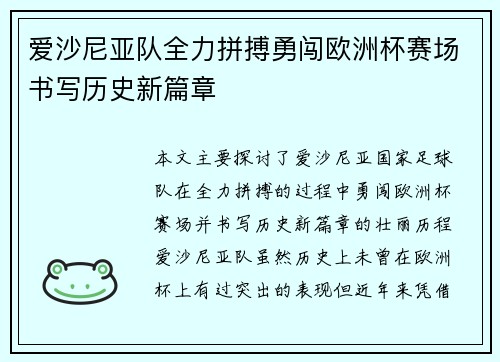 爱沙尼亚队全力拼搏勇闯欧洲杯赛场书写历史新篇章