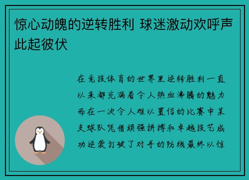 惊心动魄的逆转胜利 球迷激动欢呼声此起彼伏