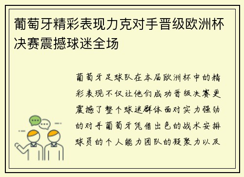 葡萄牙精彩表现力克对手晋级欧洲杯决赛震撼球迷全场
