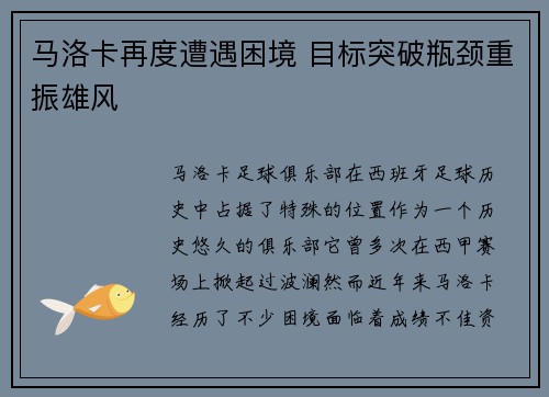 马洛卡再度遭遇困境 目标突破瓶颈重振雄风
